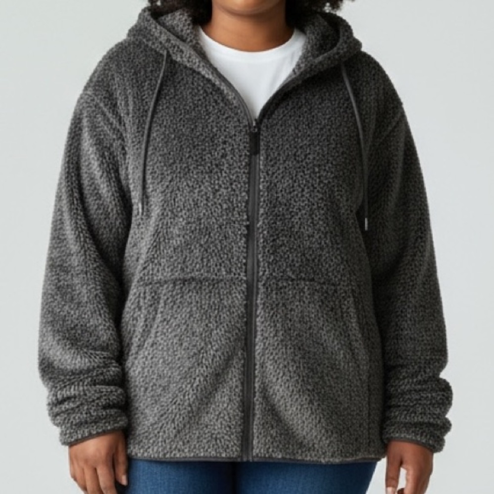 LL Bean Hi-Pile Fleece Jacket Long Hooded Size 1X Dark Charcoal Gray